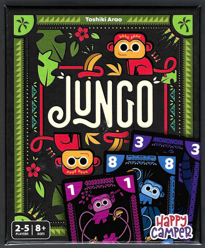 Front cover of the card game Jungo by Toshiki Araco, featuring illustrated monkeys, tropical leaves, and several colorful cards on a black background. 