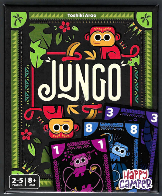 Front cover of the card game Jungo by Toshiki Araco, featuring illustrated monkeys, tropical leaves, and several colorful cards on a black background. 