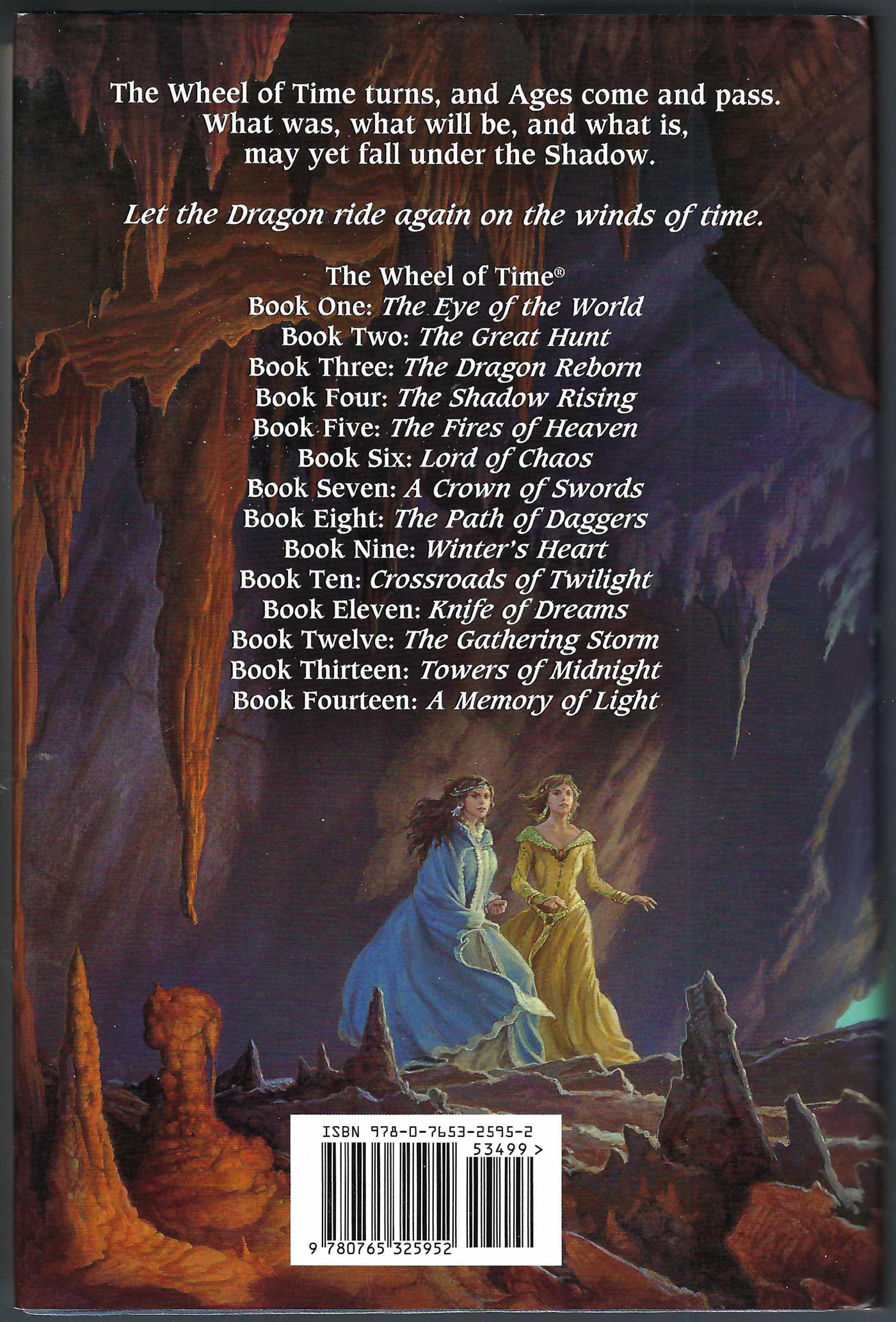 Back cover of Memory of Light by Robert Jordan and Brandon Sanderson, featuring dramatic illustrated cave scenery in dark blue, brown, and orange tones, with white text displaying the book series titles.