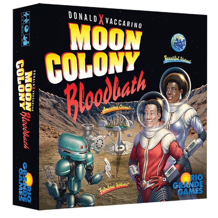 Board game box for Moon Colony Bloodbath featuring astronauts and a robot on a moon.