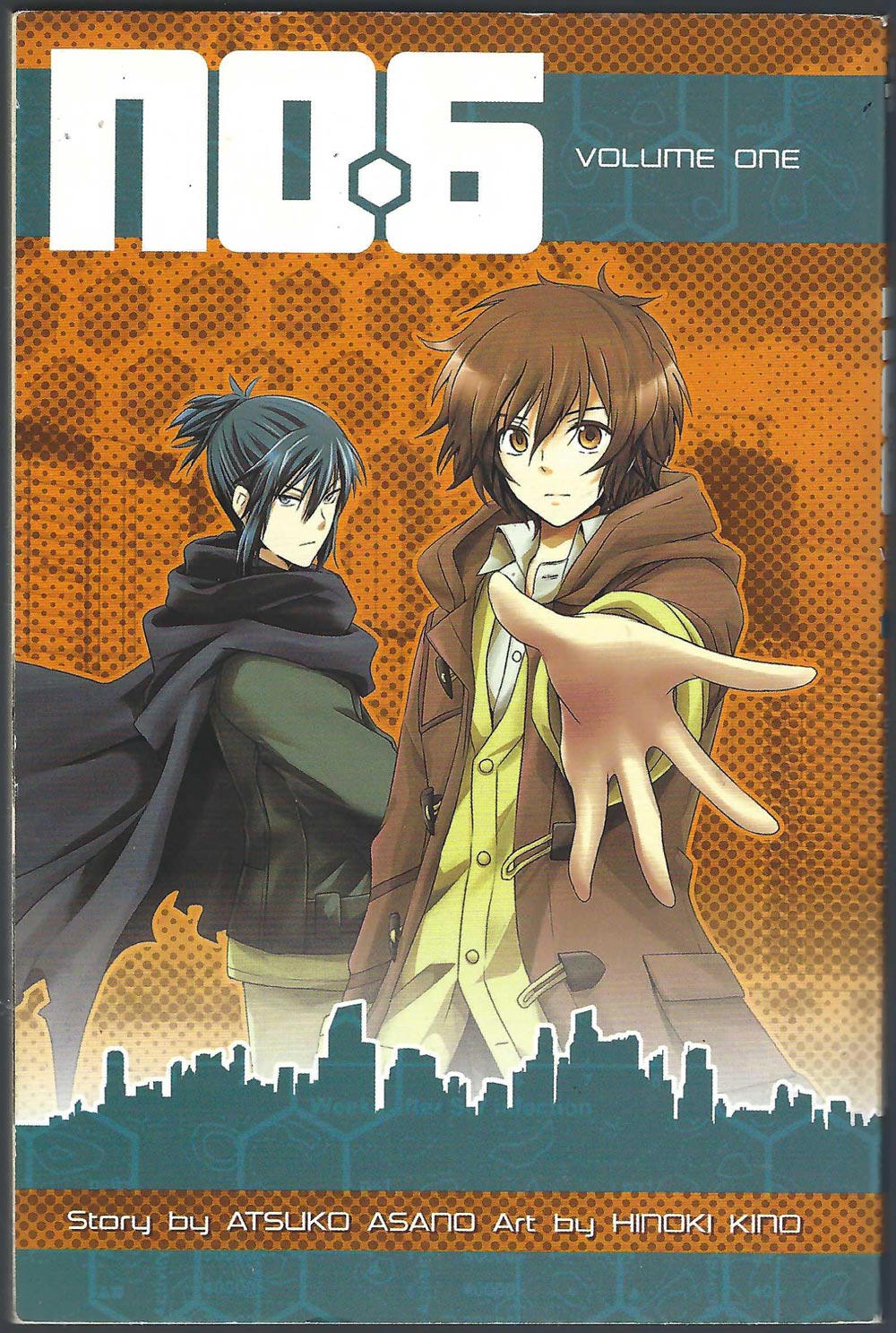 Front cover of the manga No. 06 Volume One featuring two anime characters against an orange patterned background with a teal city skyline at the bottom.