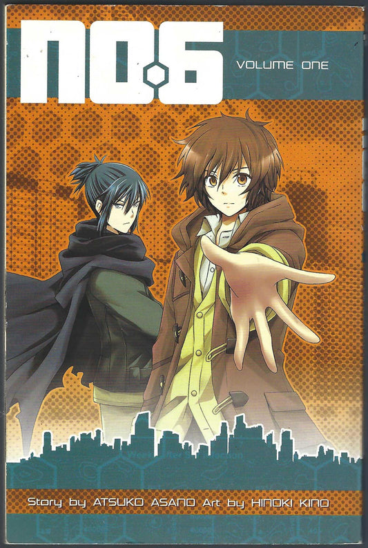 Front cover of the manga No. 06 Volume One featuring two anime characters against an orange patterned background with a teal city skyline at the bottom.