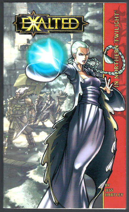 Front cover of Exalted: In Northern Twilight featuring a woman in a long dark dress casting a bright blue spell, with armored figures in the background and a red title band on the right.