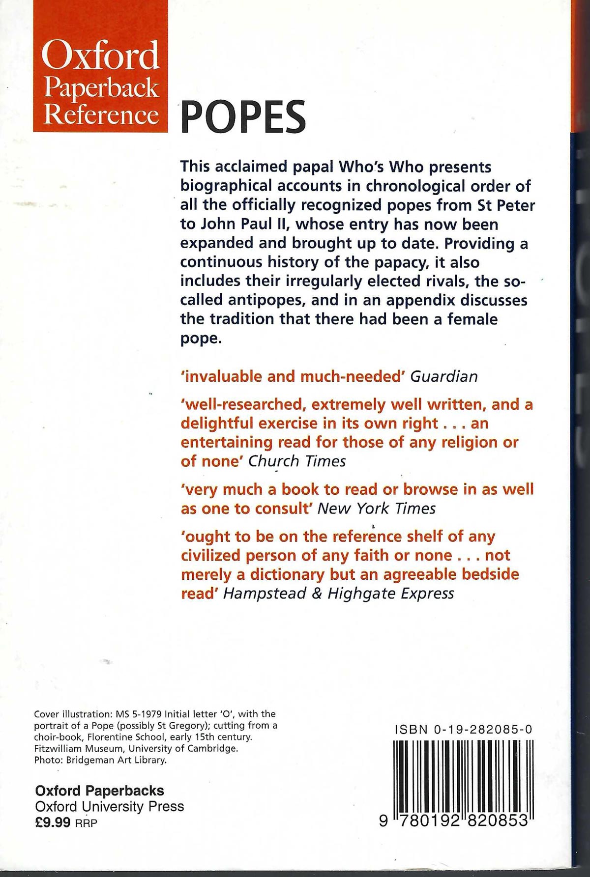 Oxford Dictionary of Popes by J. N. D. Kelly back cover