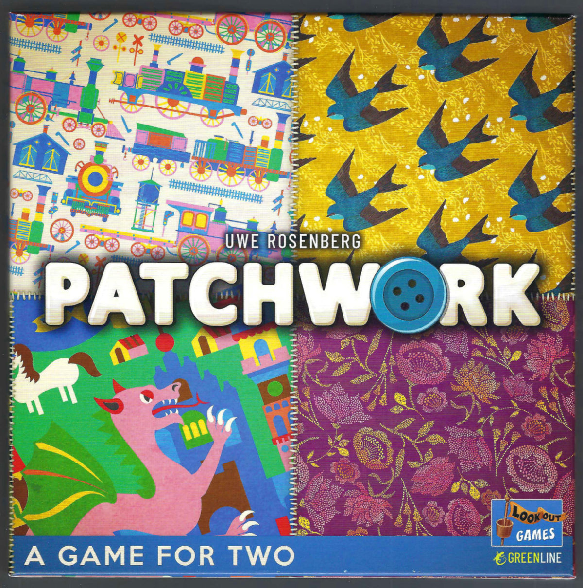 Patchwork board game box by Uwe Rosenberg, featuring a colorful four-quadrant patchwork design with trains, birds, a pink dragon, and floral patterns. 