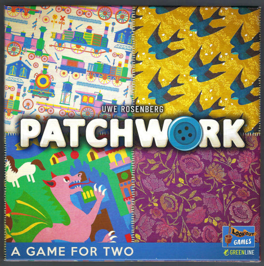 Patchwork board game box by Uwe Rosenberg, featuring a colorful four-quadrant patchwork design with trains, birds, a pink dragon, and floral patterns. 
