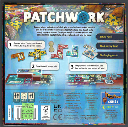 Back of the Patchwork board game box by Uwe Rosenberg, showing game components.