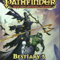 Front cover of Pathfinder Roleplaying Game Bestiary 5 with a dark figure and creatures with a cloudy sky background.