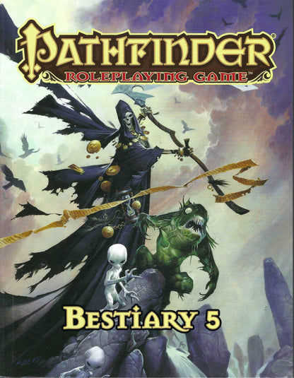 Front cover of Pathfinder Roleplaying Game Bestiary 5 with a dark figure and creatures with a cloudy sky background.