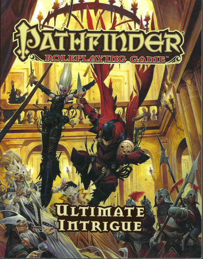 Front of Pathfinder Roleplaying Game: Ultimate Intrigue with fantasy characters and architecture.