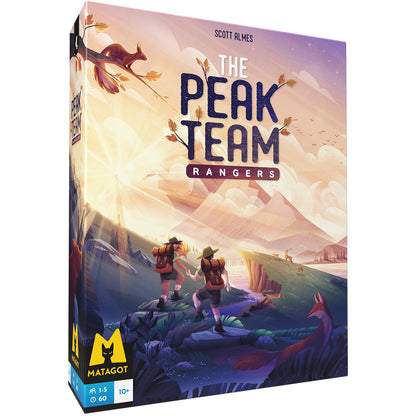 Game box for The Peak Team Rangers by Scott Almes with mountain and explorer illustration.