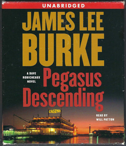 Pegasus Descending Audio Book by James Lee Burke with a riverboat casino at sunset on the cover.