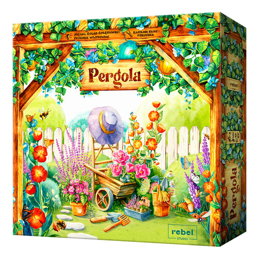 Board game box for 'Pergola' by rebel studio with garden-themed artwork.