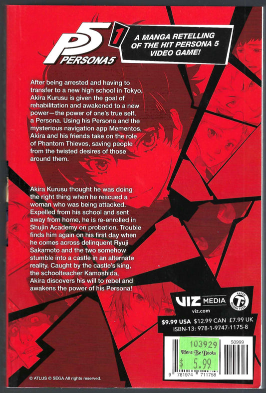 Back cover of Persona 5 Vol 1 by Hisato Murasaki featuring red and black manga-style artwork with the Persona 5 logo, character and plot text, and a VIZ Media logo at the bottom.
