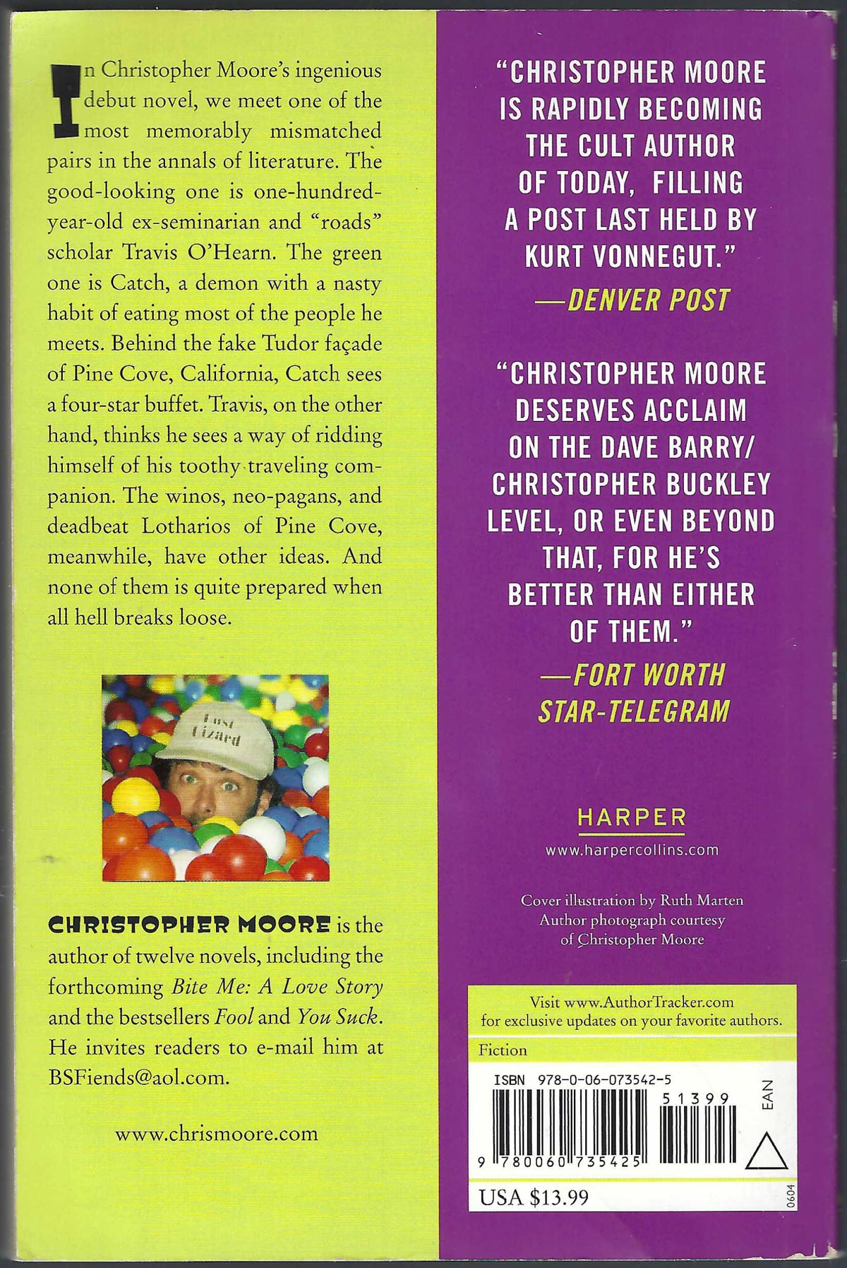 Back cover of Practical Demonkeeping by Christopher Moore, featuring a lime green left half with synopsis text and a purple right half with promotional quotes and a barcode.