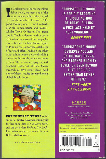 Back cover of Practical Demonkeeping by Christopher Moore, featuring a lime green left half with synopsis text and a purple right half with promotional quotes and a barcode.