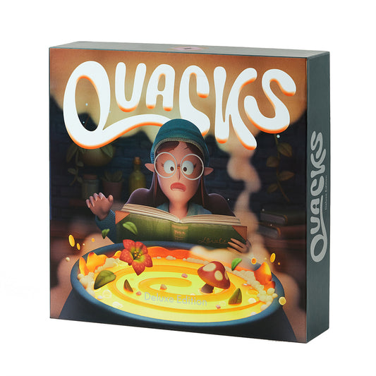 Quacks game box with a woman reading a book over a cauldron.