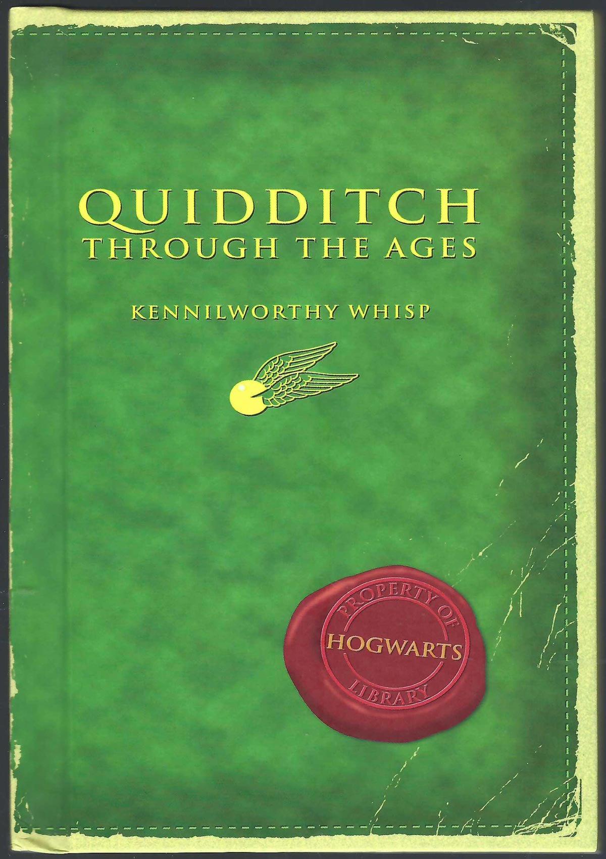 Front cover of Quidditch Through the Ages with green background and a "Property of Hogwarts Library" seal.