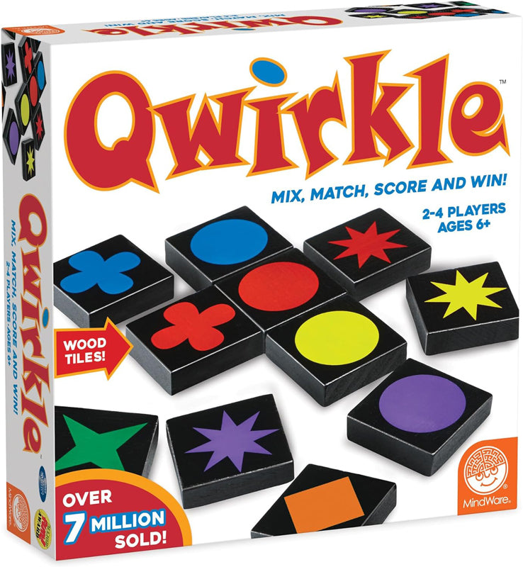 Qwirkle game box with colorful tiles and branding