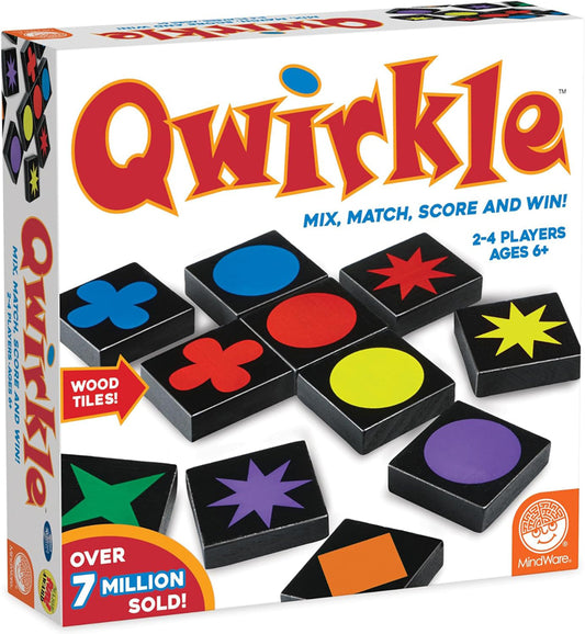 Qwirkle game box with colorful tiles and branding