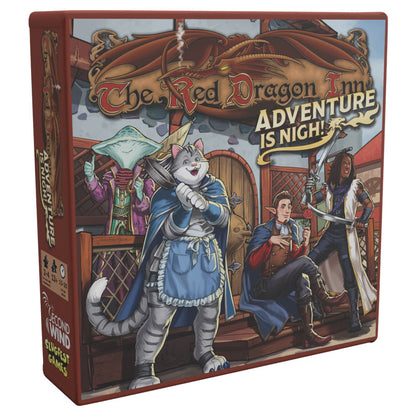 Game box of Red Dragon Inn: Adventure is Nigh! with a cat character in a medieval setting.
