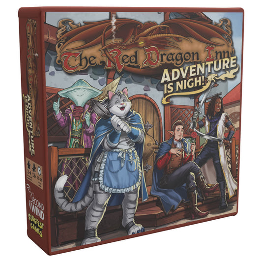 Game box of Red Dragon Inn: Adventure is Nigh! with a cat character in a medieval setting.
