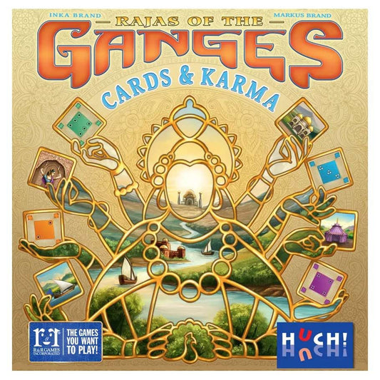 Game box for Rajas of the Ganges: Cards & Karma with intricate design and branding.
