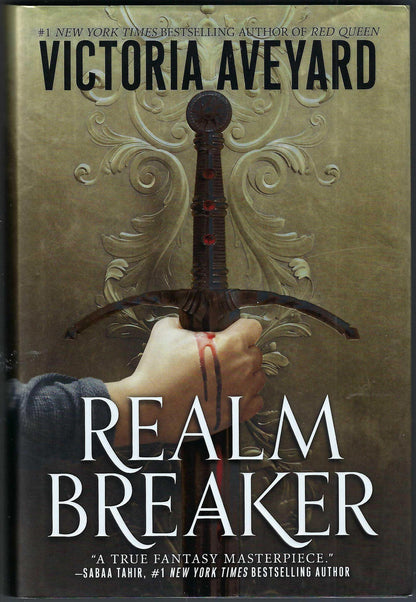 Front cover of Realm Breaker by Victoria Aveyard featuring a bloody hand holding a sword.