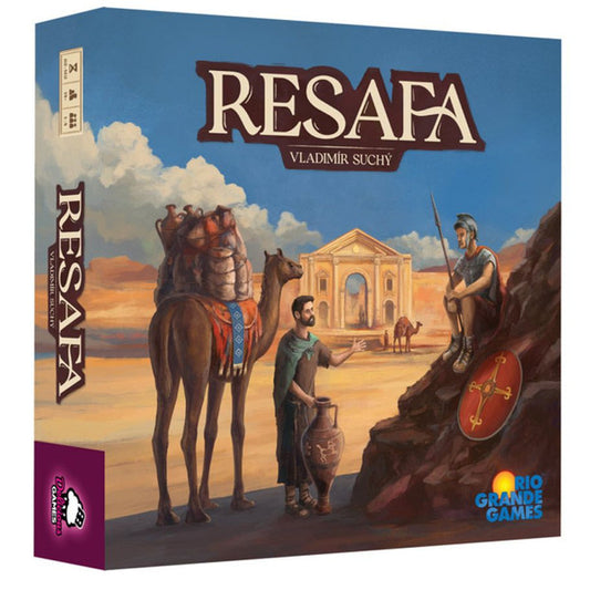 Box for Resafa with people and camels in a desert scene.