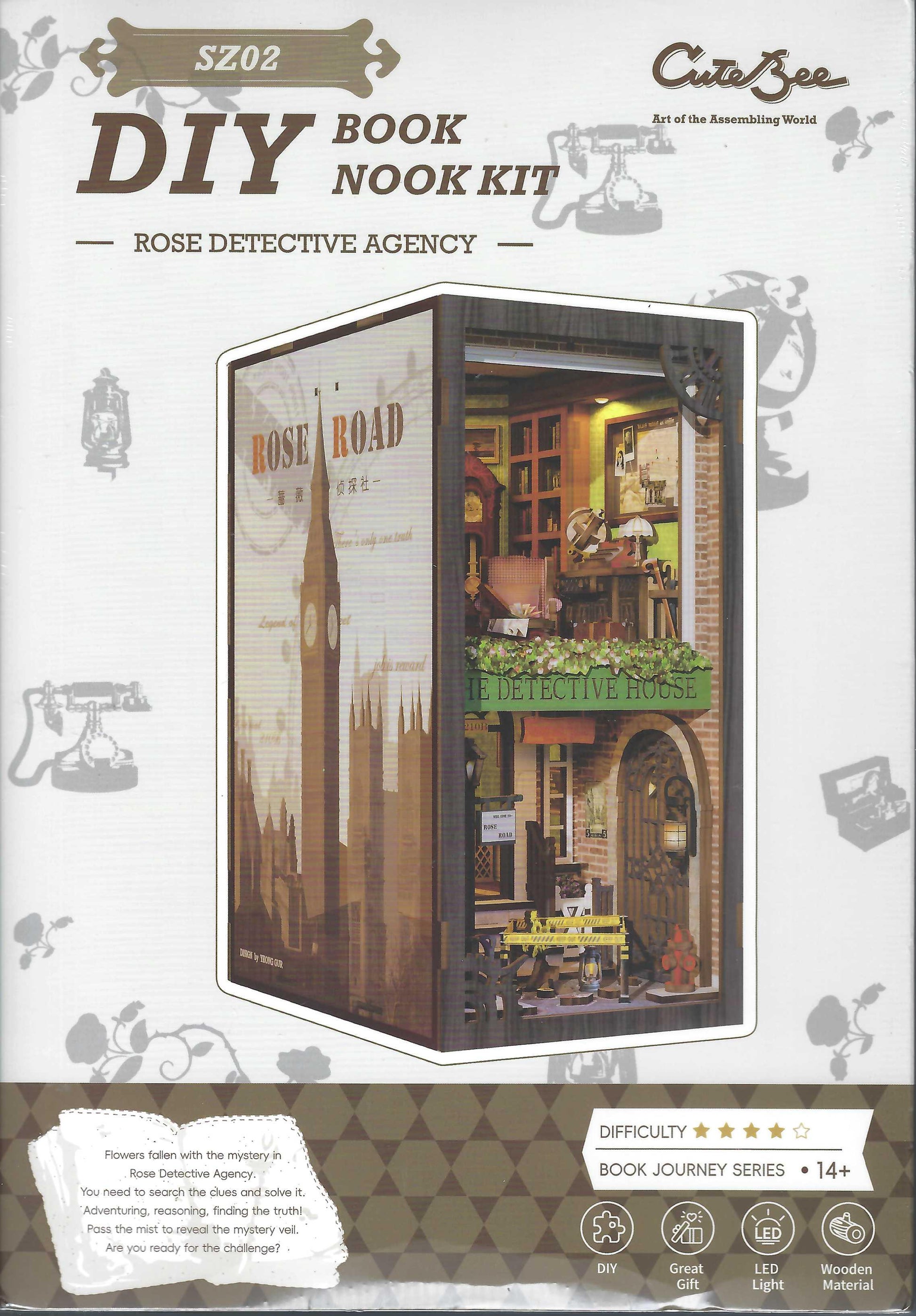  Rose Detective Agency DIY Book Nook Kit by Cute Bee, featuring a miniature bookshelves inside a decorative box with vintage illustrations.