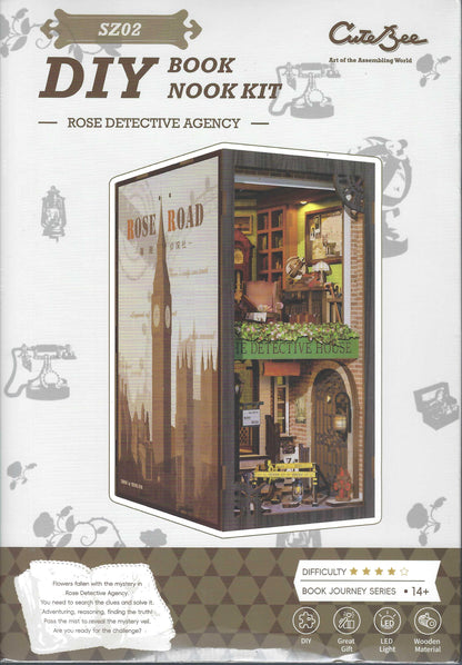  Rose Detective Agency DIY Book Nook Kit by Cute Bee, featuring a miniature bookshelves inside a decorative box with vintage illustrations.