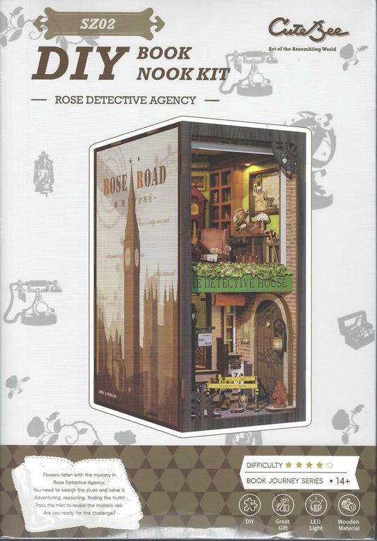  Rose Detective Agency DIY Book Nook Kit by Cute Bee, featuring a miniature bookshelves inside a decorative box with vintage illustrations.