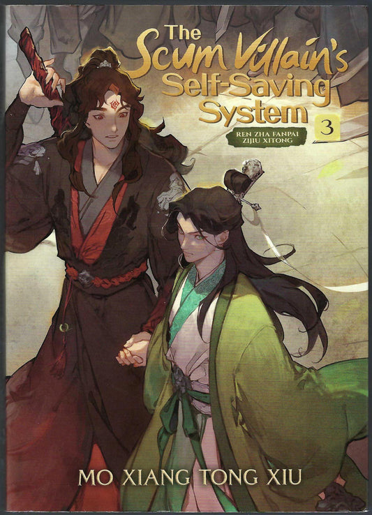 Front cover of The Scum Villain's Self-Saving System Volume 3 by Mo Xiang Tong Xiu, featuring two illustrated characters in traditional robes against a warm-toned background.