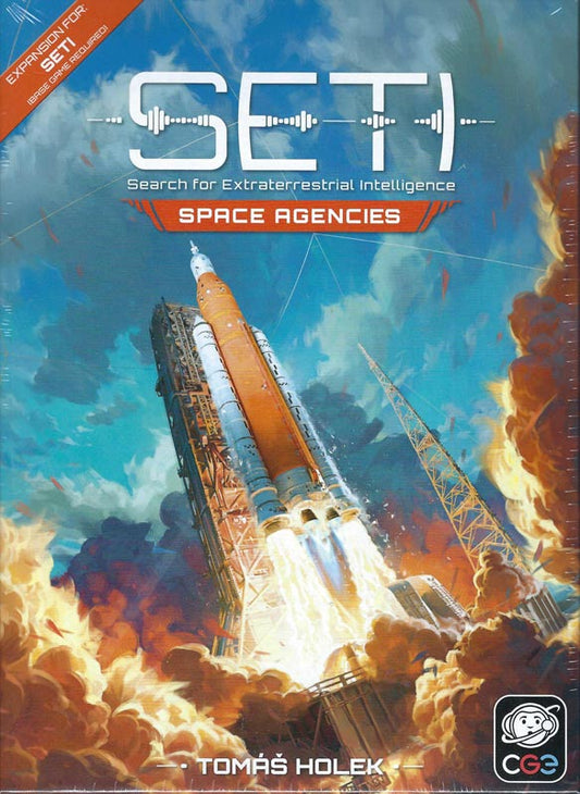 Front cover of the board game SETI: Search for Extraterrestrial Intelligence  Space Agencies expansion by Tomás Holek, featuring a dramatic illustration of a rocket launching through blue sky and orange flames.