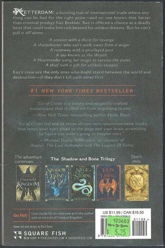 Back cover of Six of Crows by Leigh Bardugo.