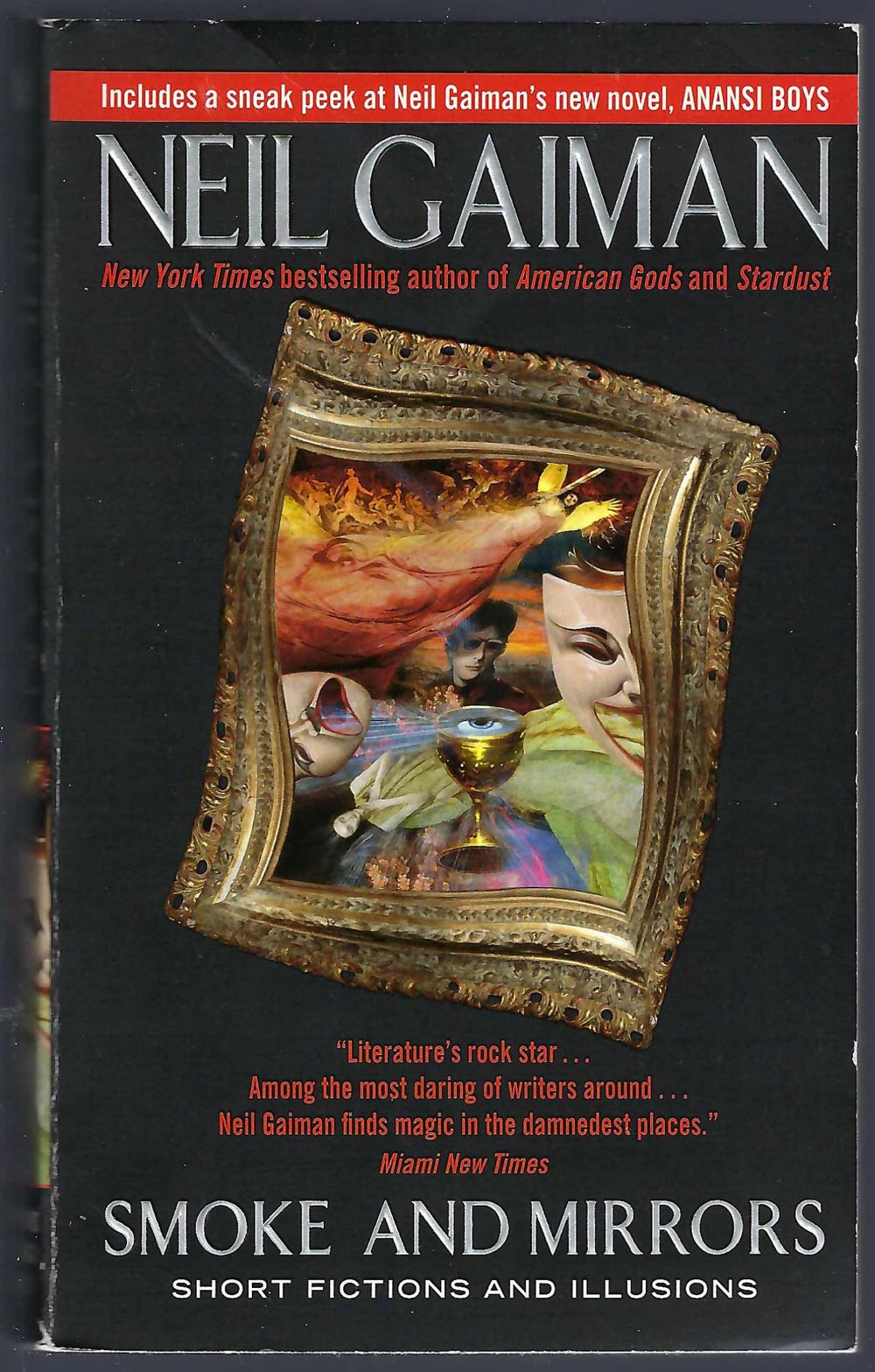 Front cover of Smoke and Mirrors by Neil Gaiman with a black background and gold frame.