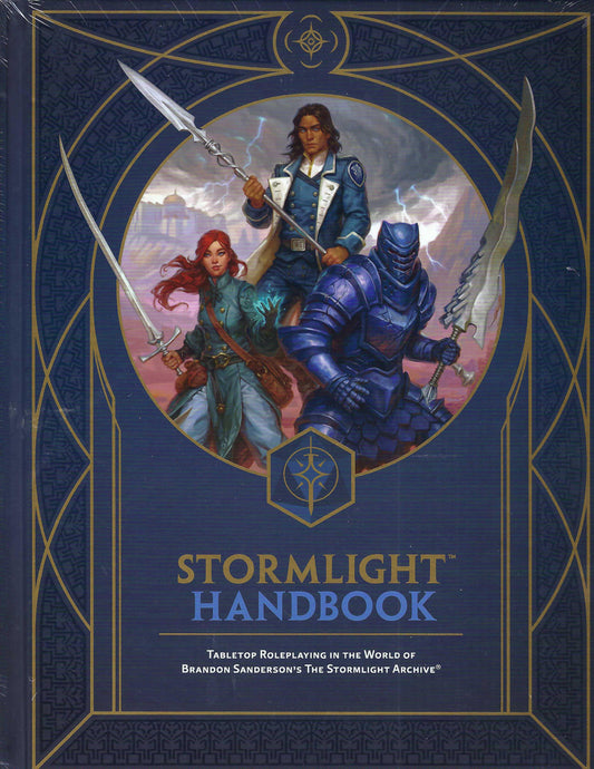 Stormlight™ Handbook for the Cosmere role playing game with an image of adventurers with long bladed weapons.