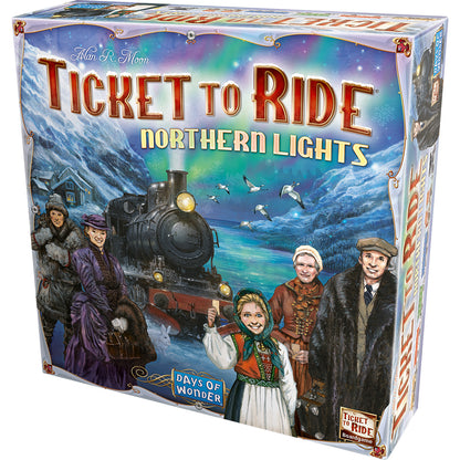 Game box for Ticket to Ride: Northern Lights with a train and people in winter clothing on a snowy landscape.