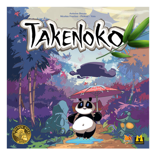 Front of box for Takenoko with a panda character and bamboo forest design.