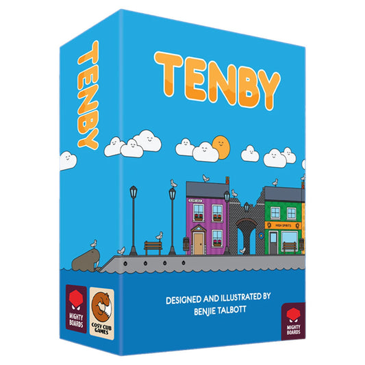 Tenby game box with colorful illustrations of a town on a blue background.