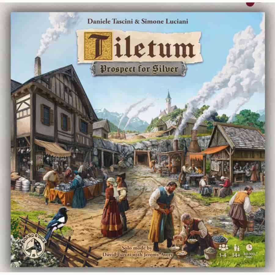 Front of box for Tiletum: Prospect for Silver with a village scene.
