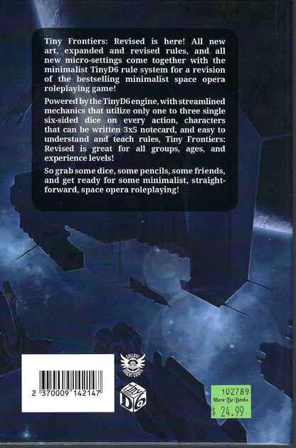 Back cover of Tiny Frontiers game system, featuring a spaceship illustration.