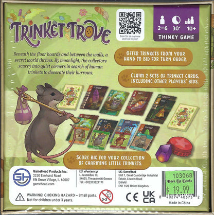 Back of Trinket Trove box with illustration of a mouse and game cards.