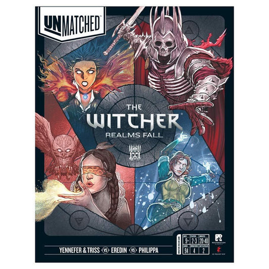Board game box for The Witcher: Realms Fall with character illustrations.