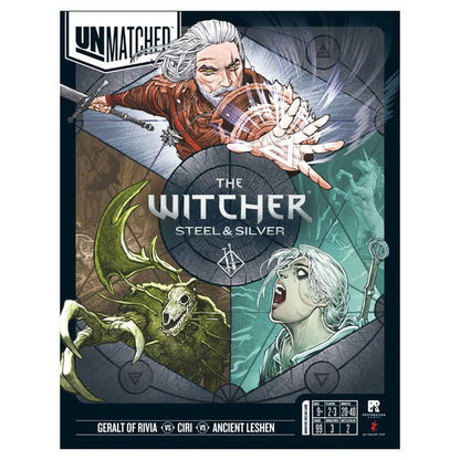 Board game box for The Witcher: Steel & Silver with character illustrations.
