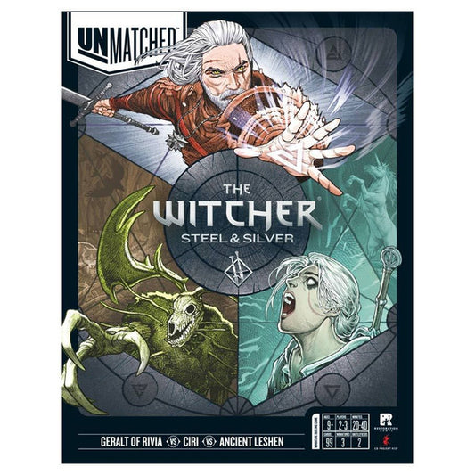 Board game box for The Witcher: Steel & Silver with character illustrations.