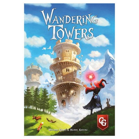 Board game box for 'Wandering Towers' with towers and a wizard on a scenic background.