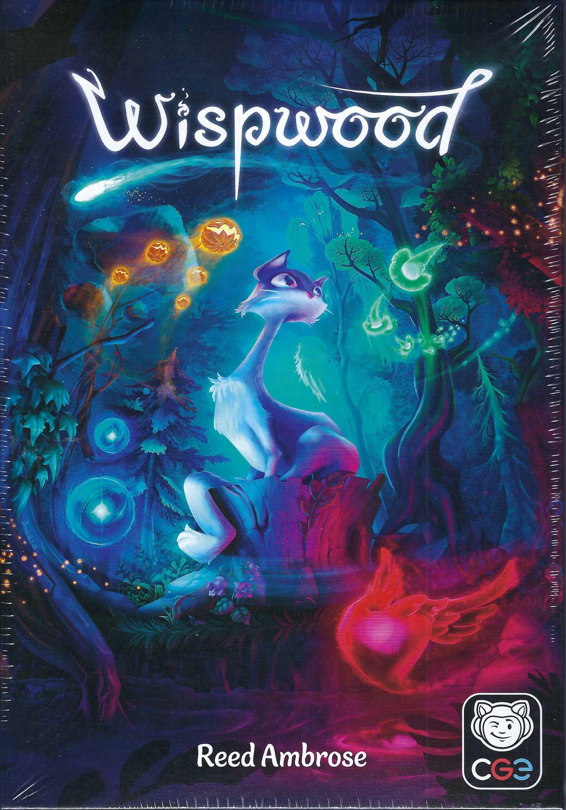 Front cover of Wispwood with a cat in a mystical forest setting.