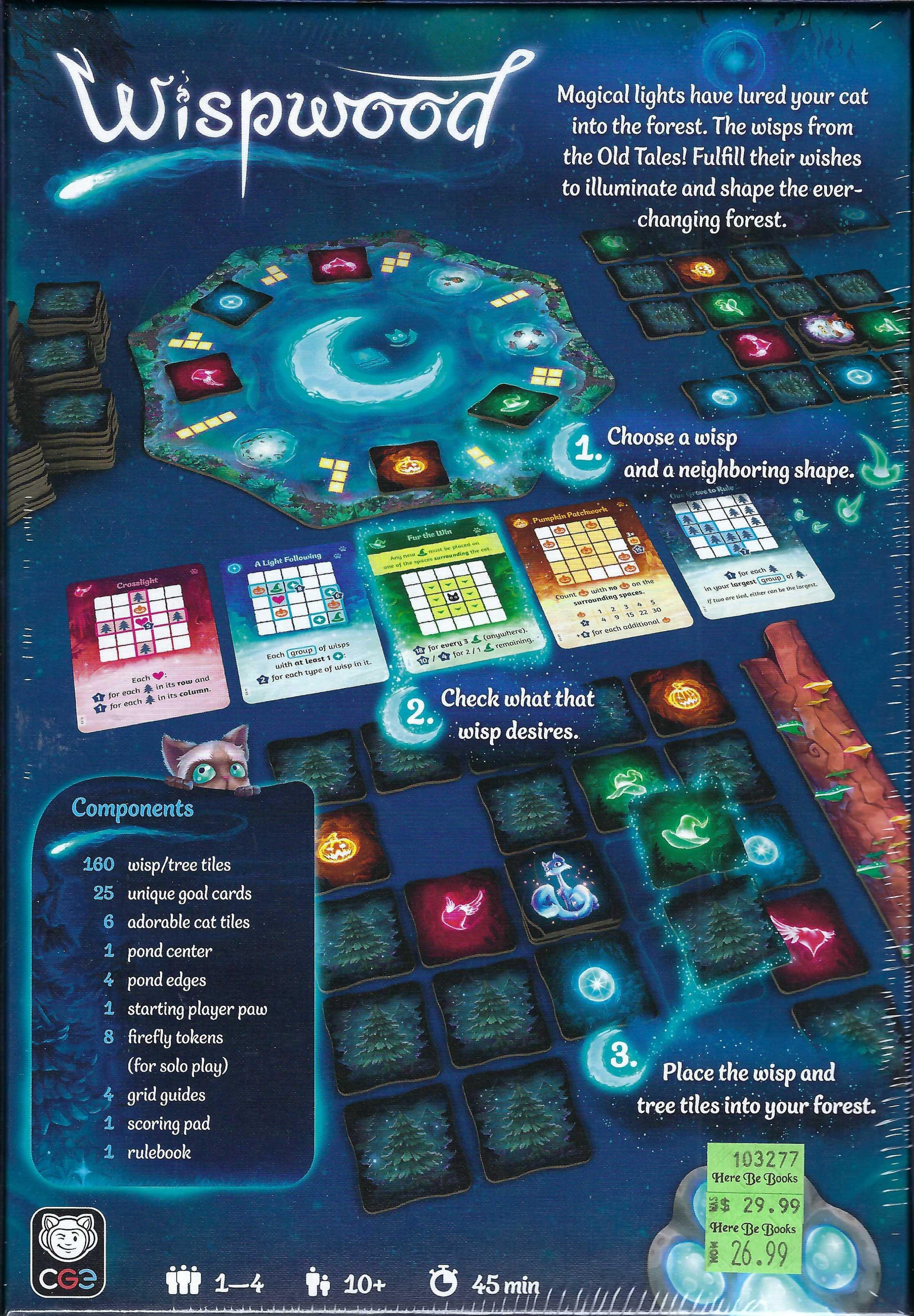 Back cover of Wispwood with game components displayed.