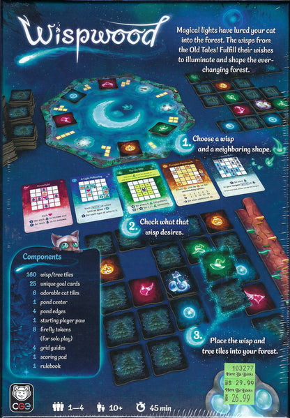 Back cover of Wispwood with game components displayed.